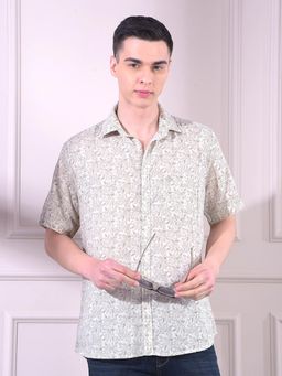 CRIMSOUNE CLUB - Olive Printed Half Sleeves Slim Shirt