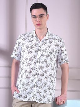 CRIMSOUNE CLUB - White Floral Half Sleeves Slim Shirt