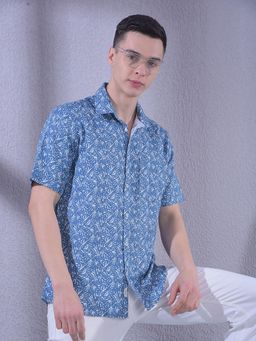 CRIMSOUNE CLUB - Blue Printed Half Sleeves Slim Shirt