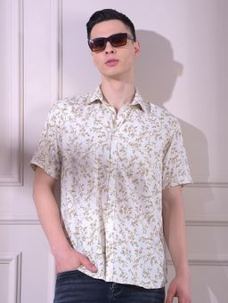 CRIMSOUNE CLUB - White Floral Half Sleeves Slim Shirt