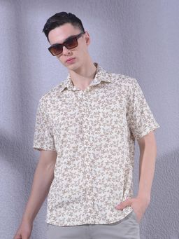 CRIMSOUNE CLUB - Brown Floral Half Sleeves Slim Shirt