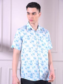 CRIMSOUNE CLUB - Blue Printed Half Sleeves Slim Shirt