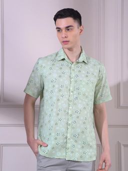CRIMSOUNE CLUB - Green Floral Half Sleeves Slim Shirt