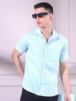 CRIMSOUNE CLUB - Green Stripes Half Sleeves Slim Shirt