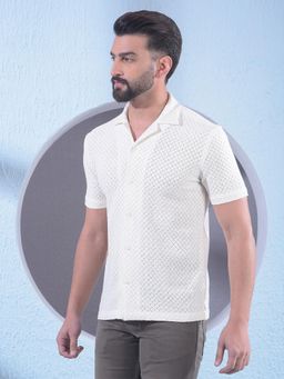 CRIMSOUNE CLUB - Off White Textured Half Sleeves Slim Shirt
