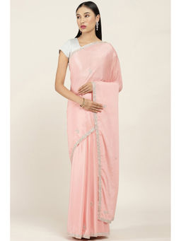 Soch - Pink Pure Crepe Ethnic Motifs Embellished Saree with Unstitched