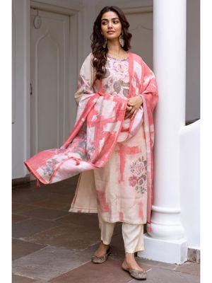 Jacquard Shimmer Kurta Pant Dupatta Set with Handwork and Digital Print Dupatta – L to 3XL