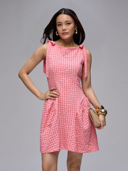 Twenty Dresses by Nykaa Fashion - Orange Checks Boat Neck Tie Up Shoulders Gathered Mini Dress
