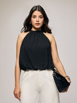 Twenty Dresses by Nykaa Fashion - Black Chiffon Halter Style Band Neck Bow Detail Top