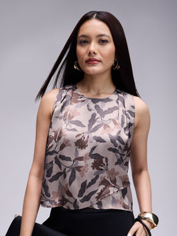 Twenty Dresses by Nykaa Fashion - Dull Beige Floral Round Neck Layered Top