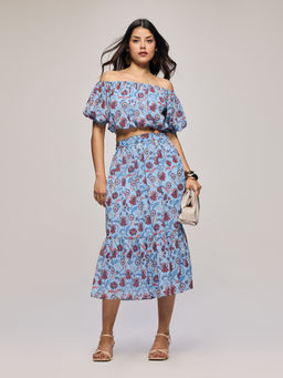 Twenty Dresses by Nykaa Fashion - Blue Floral Off Shoulder Top and Flared Skirt Co Ord Set (2XL)
