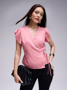 Twenty Dresses by Nykaa Fashion - Pink Ruffled Sleeves Overlapped Top