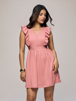Twenty Dresses by Nykaa Fashion - Pink Textured V-Neck Smocked Waist Ruffled Mini Dress (2XL)