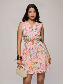 Twenty Dresses by Nykaa Fashion - Multi-Color Paisley Sleeveless Cinched Waist Mini Dress (2XL)