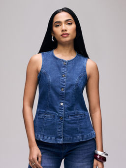 Twenty Dresses by Nykaa Fashion - Blue Denim Sleeveless Waistcoat Style Top