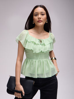 Twenty Dresses by Nykaa Fashion - Light Green Ruffled Front Tie Up Peplum Top