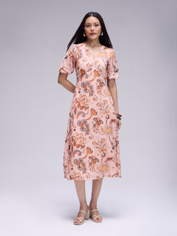 Twenty Dresses by Nykaa Fashion - Multicolour Paisley Printed Puff Sleeves A-Line Midi Dress