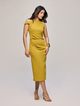Twenty Dresses by Nykaa Fashion - Green One Shoulder Ruched Midi Dress With Buckle Detail