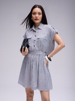 Twenty Dresses by Nykaa Fashion - White Striped Collared Mini Shirt Dress