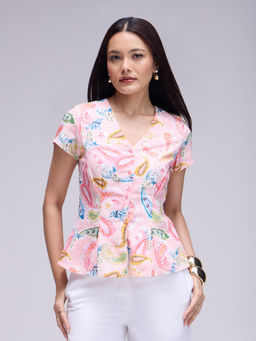 Twenty Dresses by Nykaa Fashion - Multi-Color V Neck Short Sleeves Paisley Printed Top