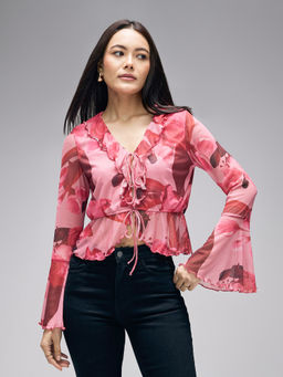 Twenty Dresses by Nykaa Fashion - Multicolor Mesh Floral Bell Sleeves Ruffled Tie Up Top