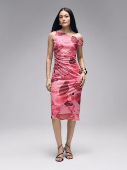 Twenty Dresses by Nykaa Fashion - Multicolor Mesh Floral Asymmetrical Neck Bodycon Midi Dress