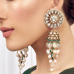 Joules By Radhika - Green Grey White Gold Tone Jhumka Wedding Earrings