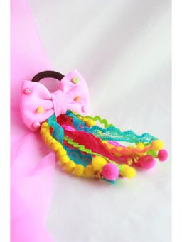 Choko - Kids Pink Embellished Bow Hairtie with Pompoms-Handmade