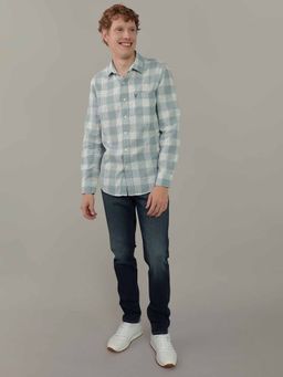 American Eagle - Men Blue Slim Fit Everyday Plaid Linen-Blend Casual Shirt