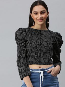 SHOWOFF - Women Boat Neck Puff Sleeves Printed Black Crop Top