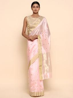 CHOWDHRAIN - English Pink Chanderi Pure Silk Saree with Unstitched Blouse Piece