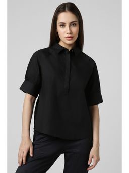 Van Heusen - Women Black Solid Short Sleeves Formal Shirt