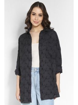 American Eagle - Women Black Eyelet Embroidered Go Big Casual Shirt