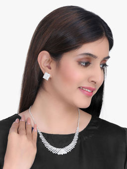 Yellow Chimes - Silver-Toned White Crystal-Studded Jewellery Set