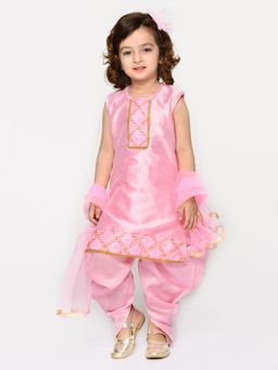 SAKA DESIGNS - Baby Pink Dhoti Kurta with Embroidery On Yoke and Dupatta (Set of 3)