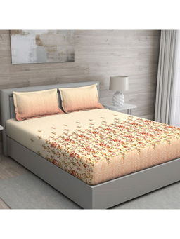 GM - Beige And Red Ornamental 150 Tc Cotton Queen Bedsheet With 2 Pillow Covers