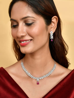 Voylla - Sparkling Elegance Red and White Cz Jewellery Set