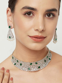 Voylla - Cz Elegance Green and White Gems Necklace Set