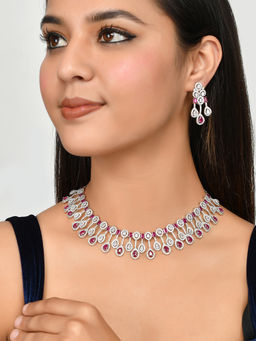 Voylla - Sparkling Elegance Pink Silver-Plated Necklace Set