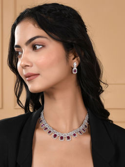 Voylla - Whimsical Ruby, Crystal and Cubic Zirconia Necklace - Earring Set