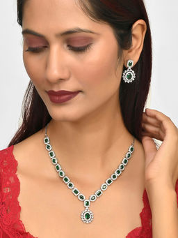 Voylla - Sparkling Elegance Green and White CZ Brass Silver Plated Jewellery Set