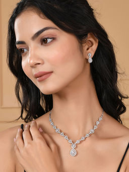 Voylla - Teardrop Cut Zircons Adorned Silver Plated Jewellery Set