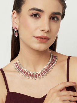 Voylla - Red and White CZ Gems Silver Plated Necklace Set