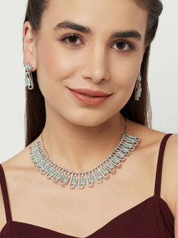Voylla - Leaves Motif Pear Cut CZ Adorned Silver Plated Brass Jewellery Set