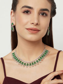 Voylla - Cushion Setting Pear Cut Zircons Embellished Brass Silver Plated Necklace Set