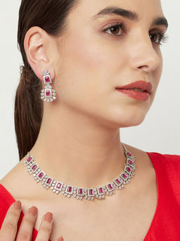 Voylla - Rhodium Plated CZ Studded Necklace Set with Pink Stones