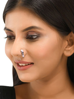 Voylla - Shwet Kamal Pink Enamel Lotus Motif Silver Plated Clip on Nose Pin