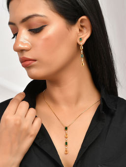 Voylla - Mothers Day Green and Yellow Emerald CZ Pendant Set with Dangler Earrings