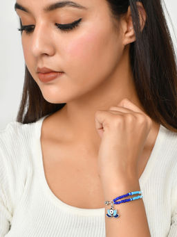 Voylla - Evil Eye Blue And White Beads Silver Oxidized Chain Bracelet