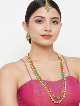 Voylla - Double Layered Kundan Maang Tika Set with Green Beads